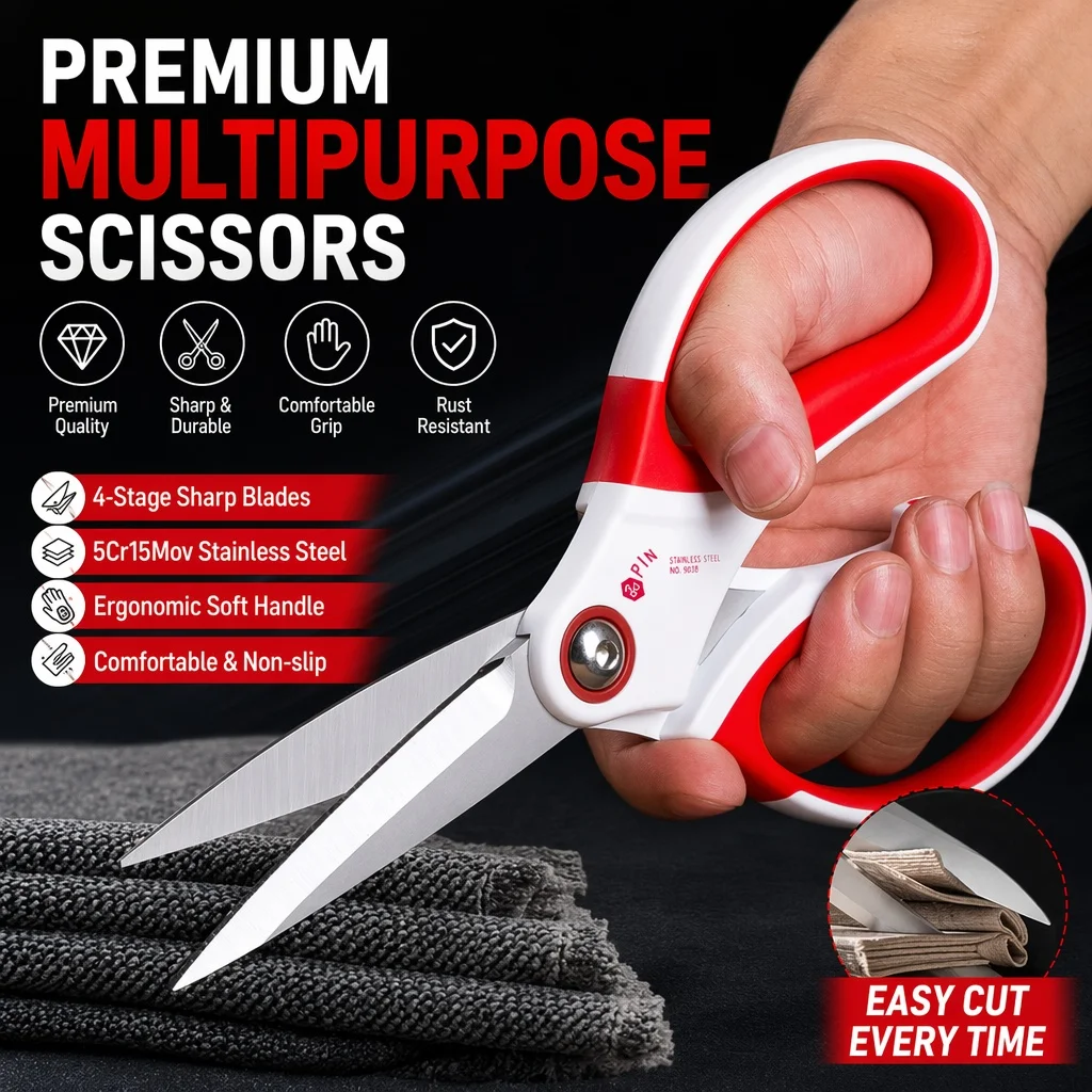 PIN Industrial Heavy Duty Scissors 20cm - Multipurpose Sharp Anti-Rust Stainless Steel Shears for Leather Rope Fabric Plastic