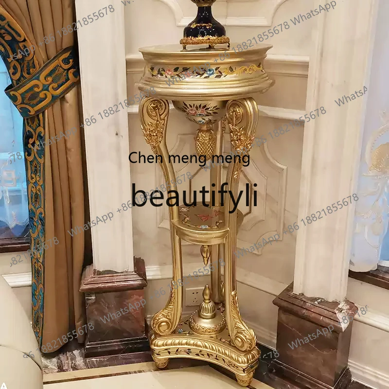 

Q178 European luxury full solid wood carving flower painted corner table, French living room flower stand display stand