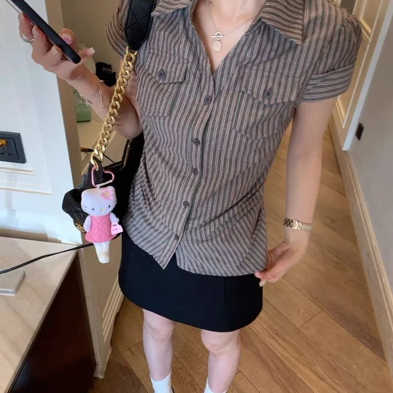 

Deeptown Striped Elegant Women Shirts Vintage Preppy Short Sleeve American Style Blouses Office Lady Casual Slim Waist Cinching