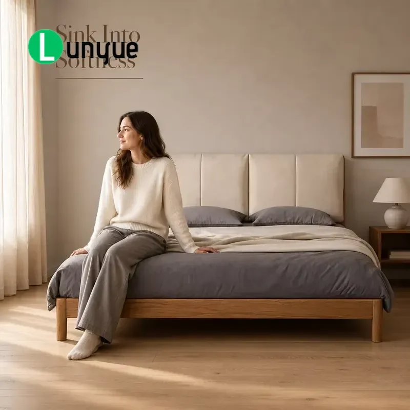 Modern Cotton Bed with Fluffy Soft Leather Headboard American Black Walnut Frame Master Bedroom Furniture Deck Style