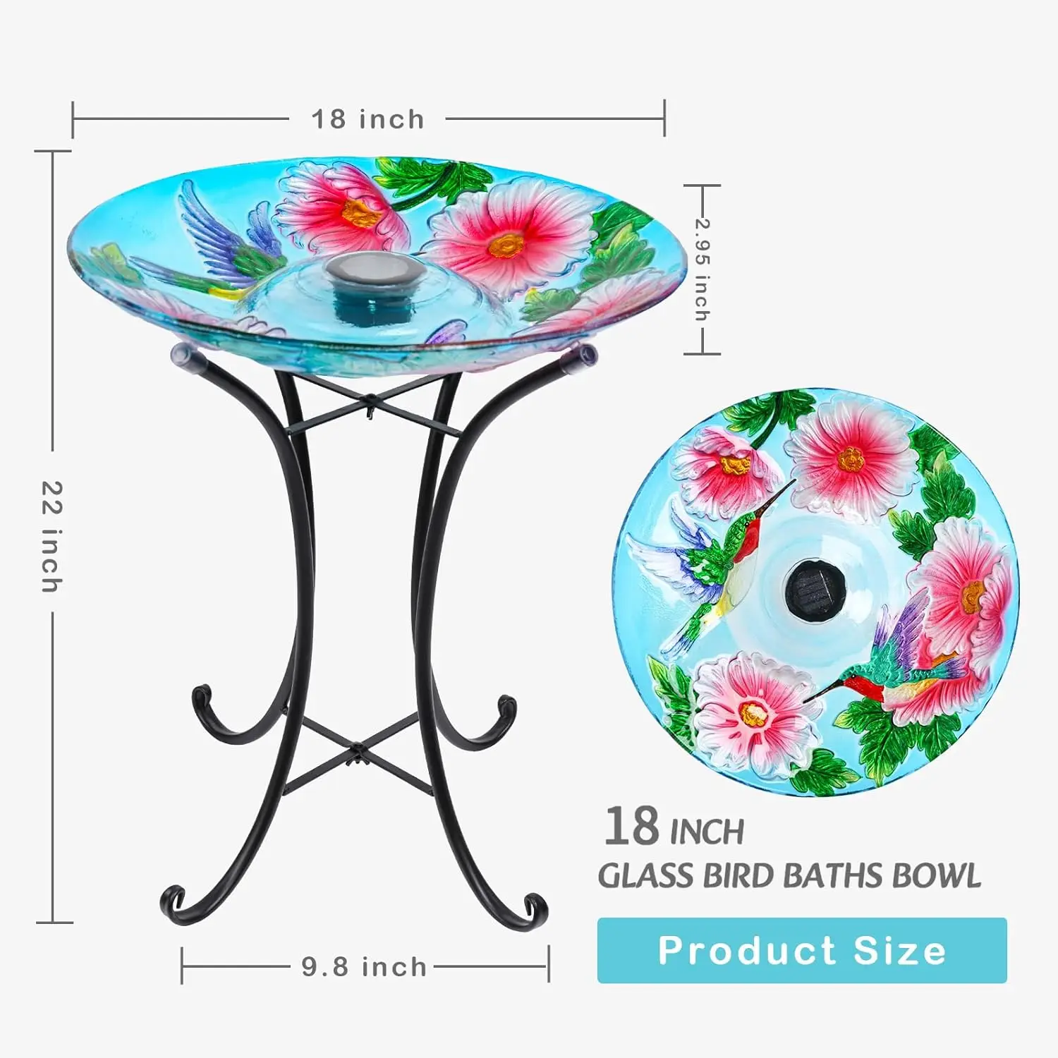 حمام الطيور الزجاجي الذي يعمل بالطاقة الشمسية مع أضواء LED وحامل معدني لديكور الحديقة، يجذب الطيور