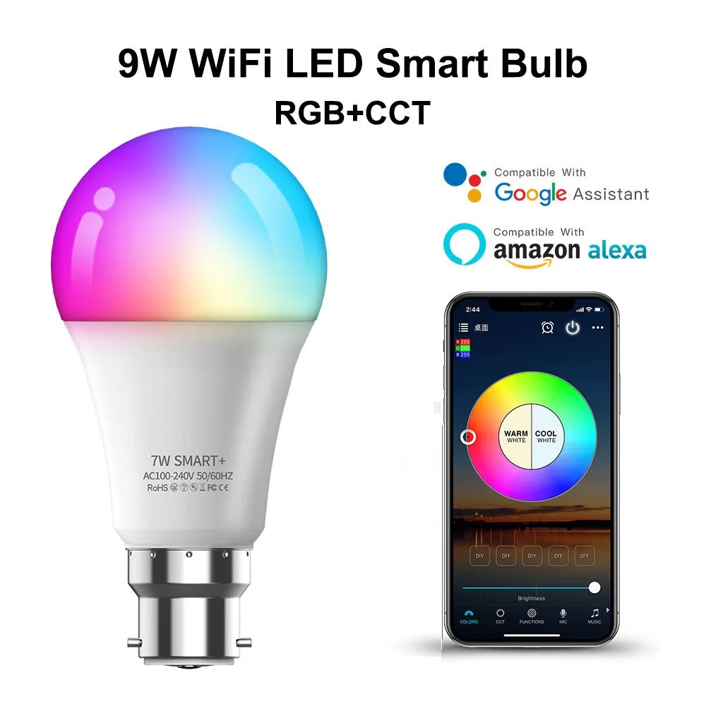 Lâmpada Smart Life WiFi, controlada por voz, RGBCW, regulável, E27, E26, 9W, 10W, Alexa, Google Home