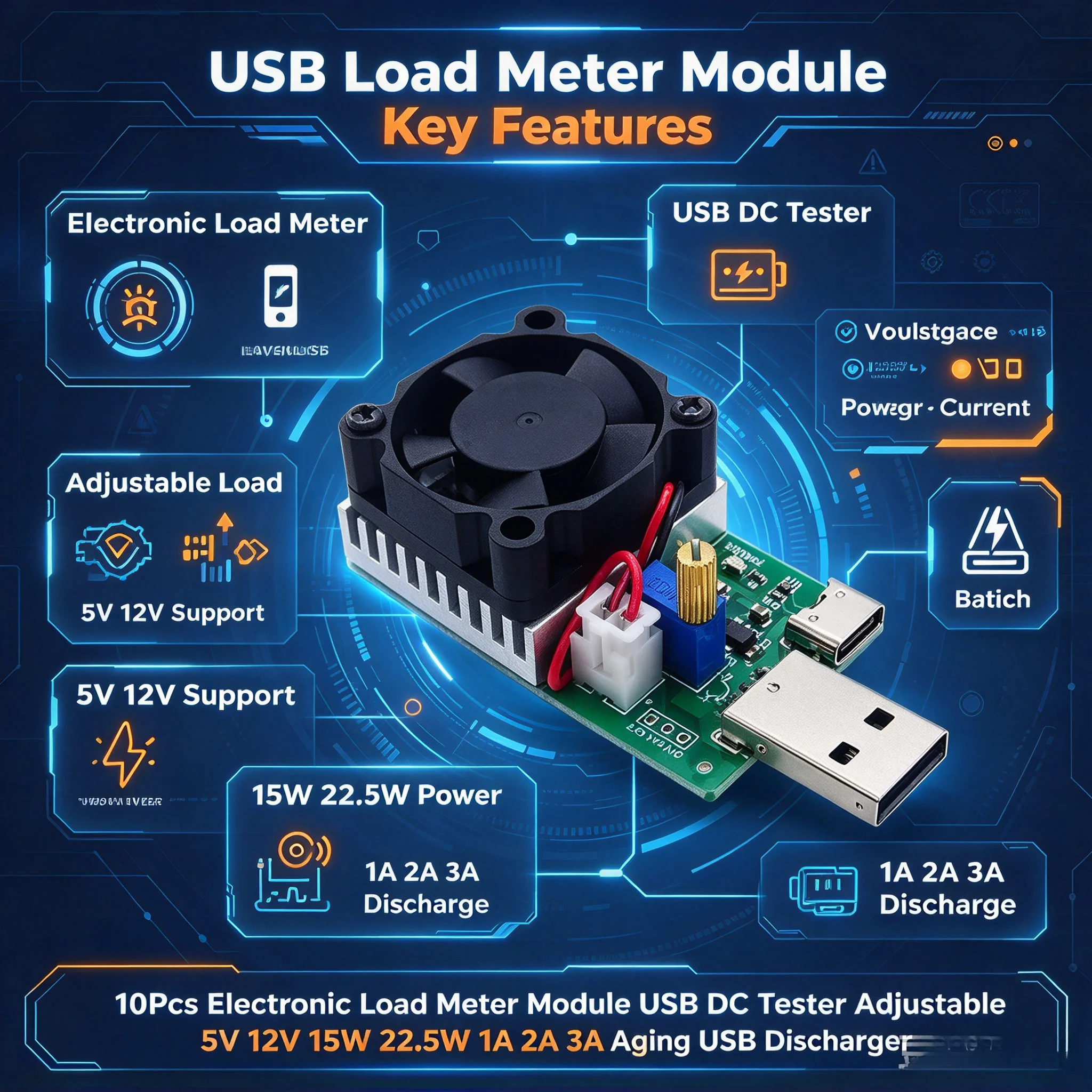 10Pcs Electronic Load Meter Module USB DC Tester Adjustable 5V 12V 15W 22.5W 1A 2A 3A Aging USB Discharger