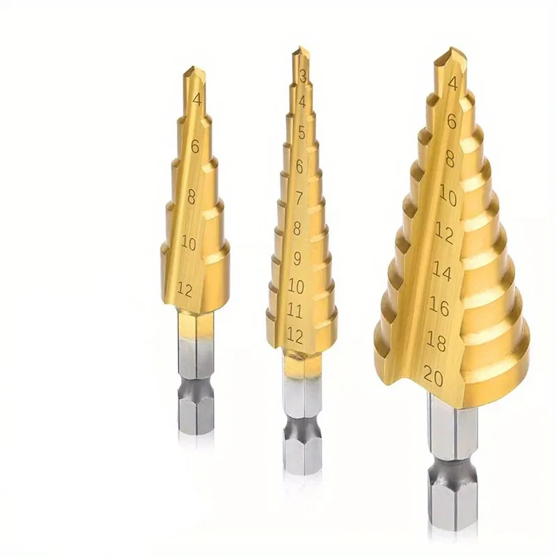 3pcs HSS Step Drill Bit Set, Titanium Coated Multiple Hole Sizes Drill Bits, High Speed Steel Cone Cutter for Metal, Wood