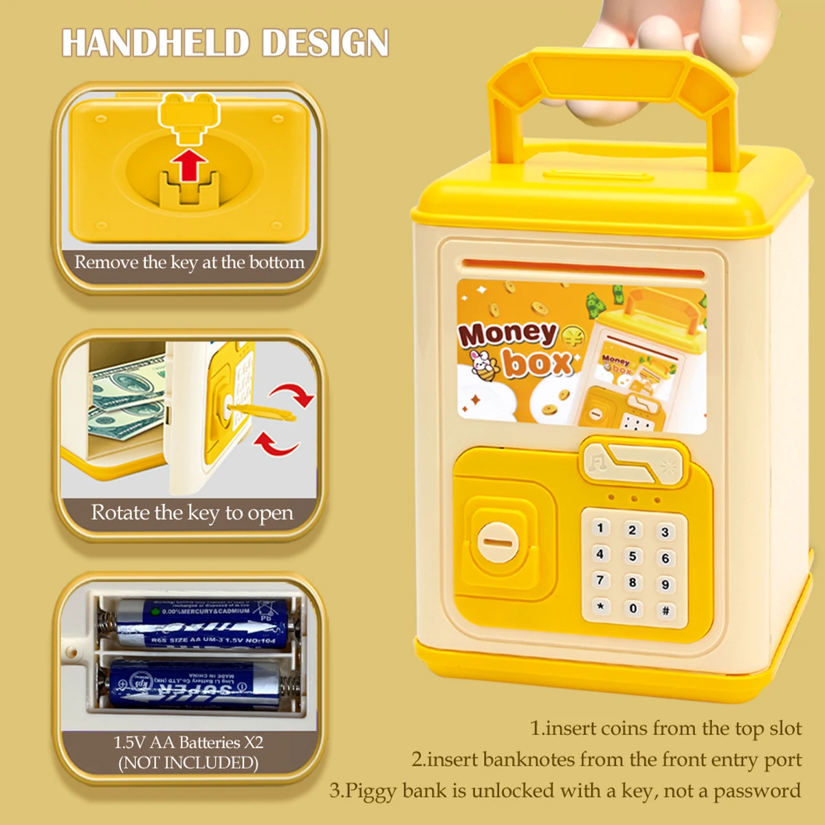 فتح Key Piggy Bank Toys ATM Money Box للأطفال والموسيقى والأضواء، بطارية هدايا ذات سعة كبيرة لا تشمل