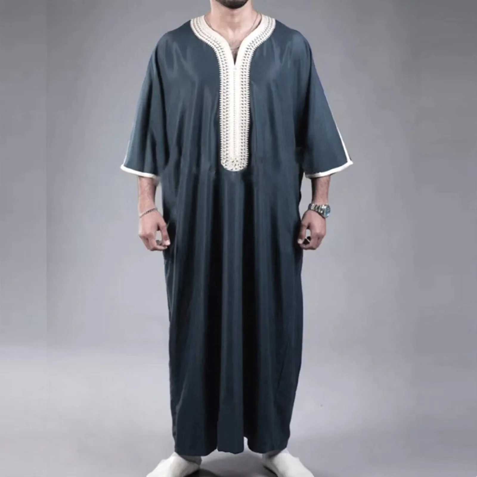 Muslim Men\'s Clothing Arab Muslim Robe Solid Colour Spring Summer Half Sleeve Islamic Robe Fashion Embroidered Long Muslim thobe