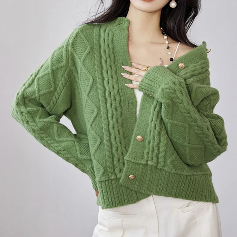 Fashion Single Breasted Long Sleeve Twisted Cardigan Female Solid Color Sweet Knitted Sweater Women Arrival Soft Sweate