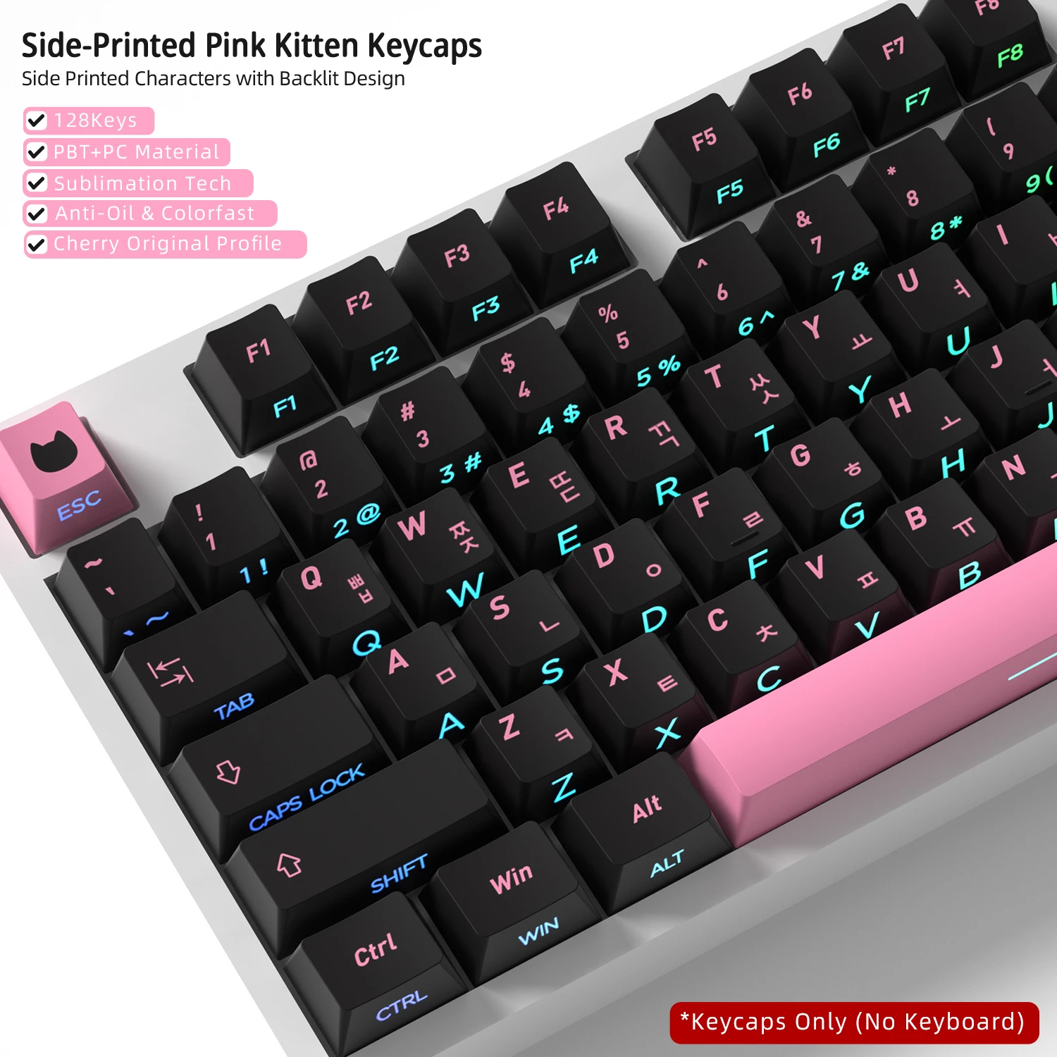 Cute Cat Side Printed Korean Keycaps Black Pink Translucent Key Cap Cherry Profile Gaming Mechanical Keyboard 60 70 80 90 100