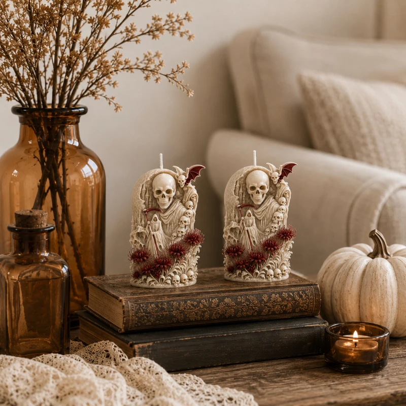 3D Grim Reaper Skull Silicone Candle Mold Gothic Death Red Spider Lily Sculpture Mold Easy Demoulding Reusable Silicone Mold for