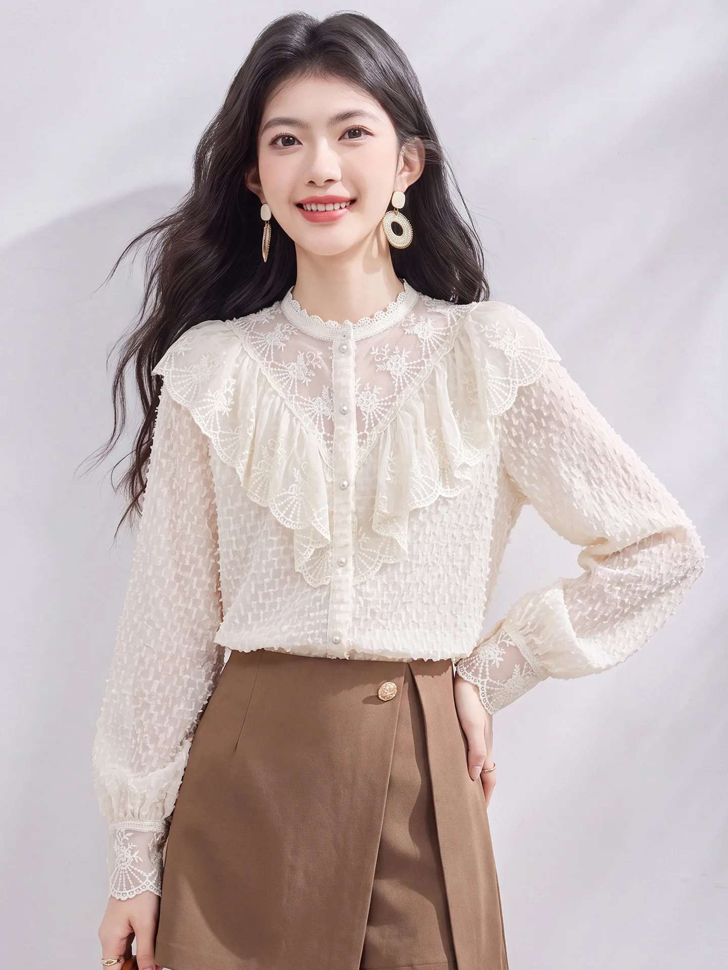 Elegant Long Sleeve Lace Shirt Women's Chiffon Top Stand Collar Bell Sleeve Texture Slimming Breathability Regular Fit