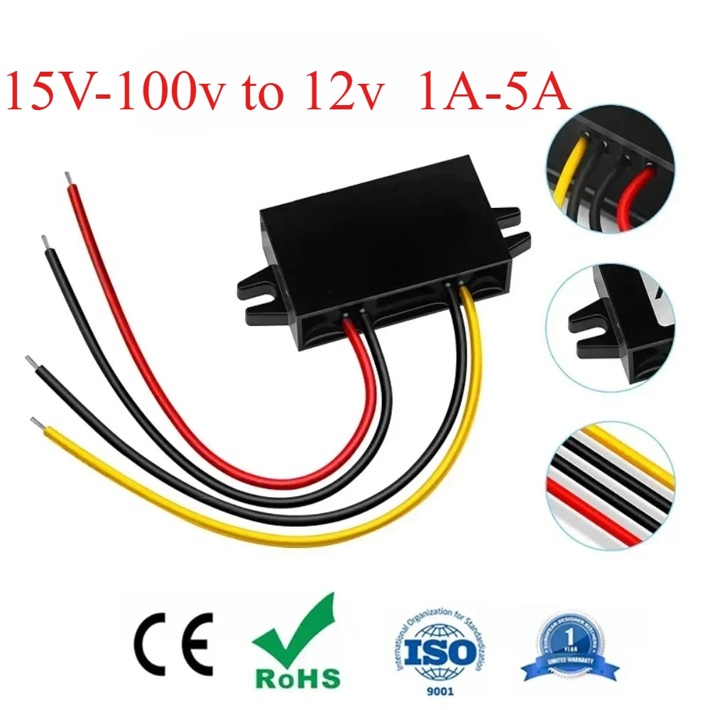 

15V-100v 24v 36v 48v 60v 72v to 12v Step Down Buck 1A-5A 12v Voltage Regulator DC DC Converter Reducer for Golf Cart Car Device