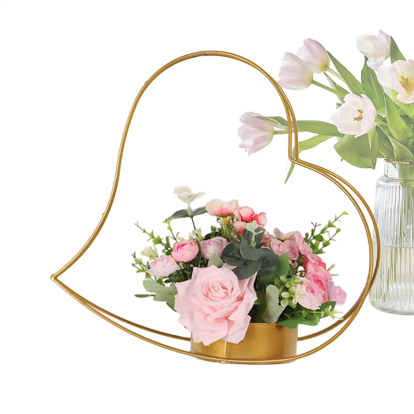 Cestas de boda de hierro en forma de corazón, centros de mesa de Metal geométricos, simulación de rosa, decoración del Día de San Valentín, decoración de mesa