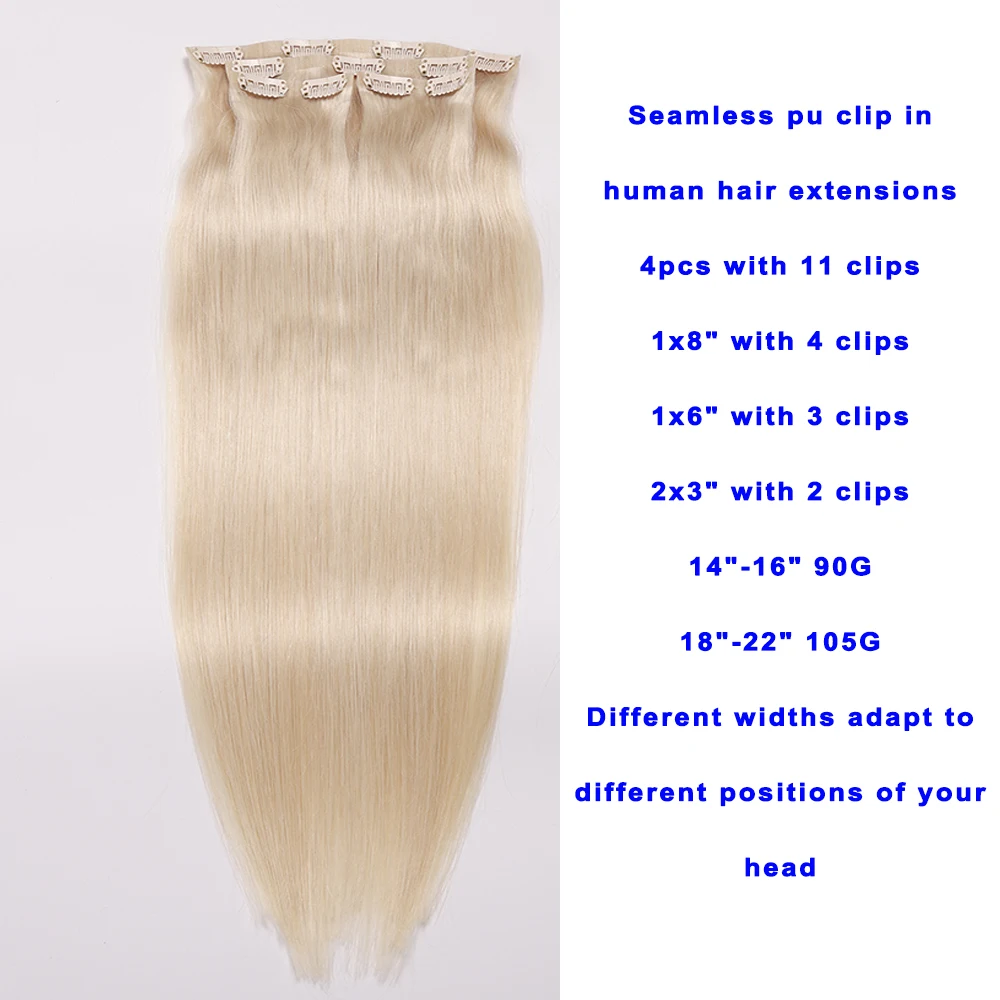 Blonde Color #60 Remy Brazilian Human Hair Extensions 14-22inch Straight Invisible PU Seamless Clip in Hair Extensions 100-120g