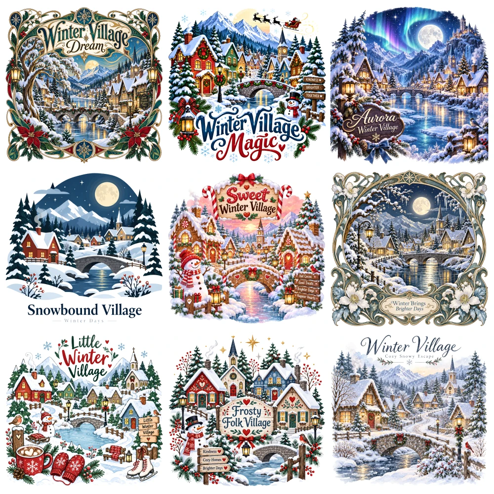 9 Pcs Winter Village Iron on Transfers DIY T-Shirt Hoodie Jeans Heat Press Decals