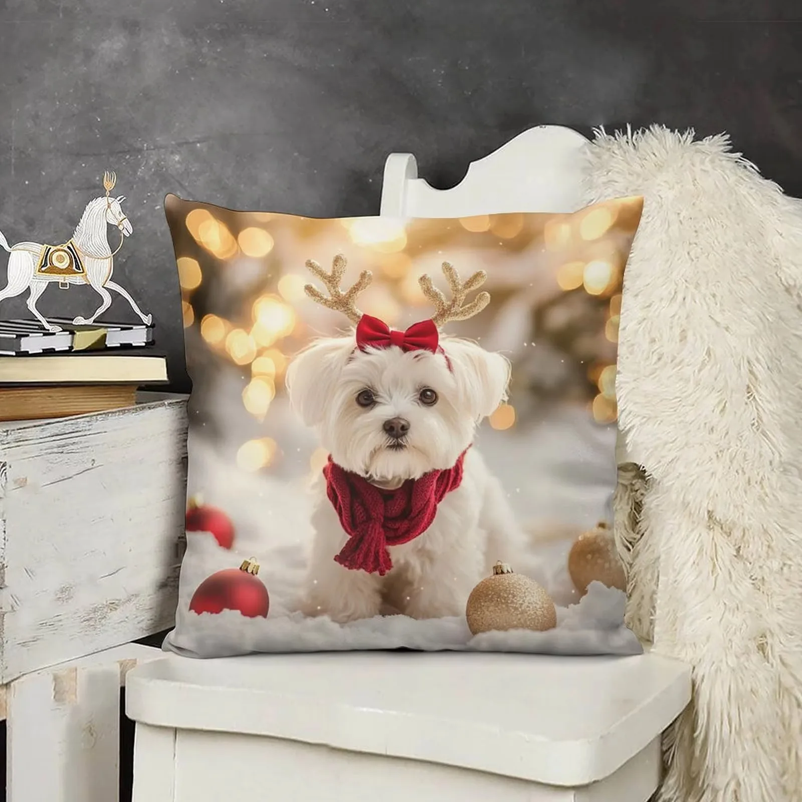 Double Sided Merry Christmas Maltese Pillow Cover, Soft Polyester Puppy Print Cushion for Sofa Bedroom Living Room New Year Gift