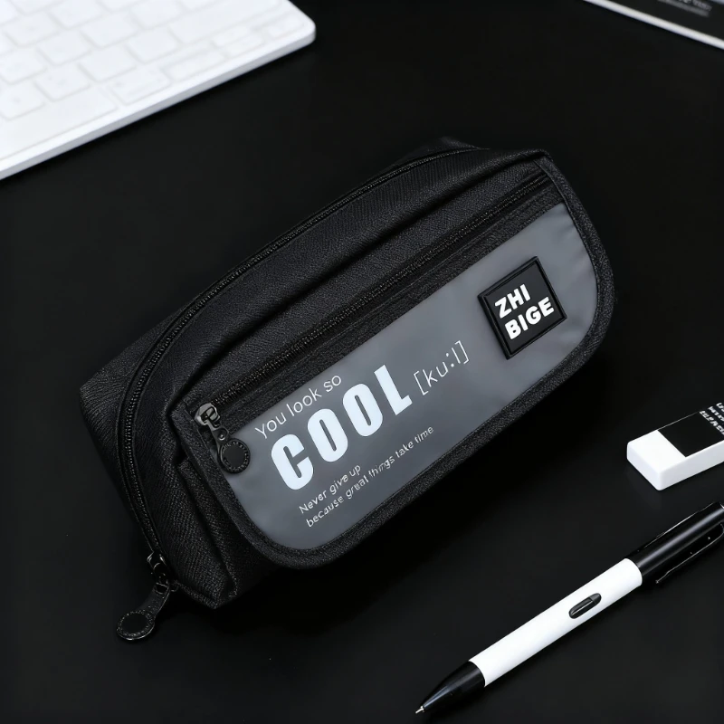 

Minimalist Black Fabric Pencil Case for Boy Large-capacity Multi-layer Stationery Bag American English Cool School Supplies