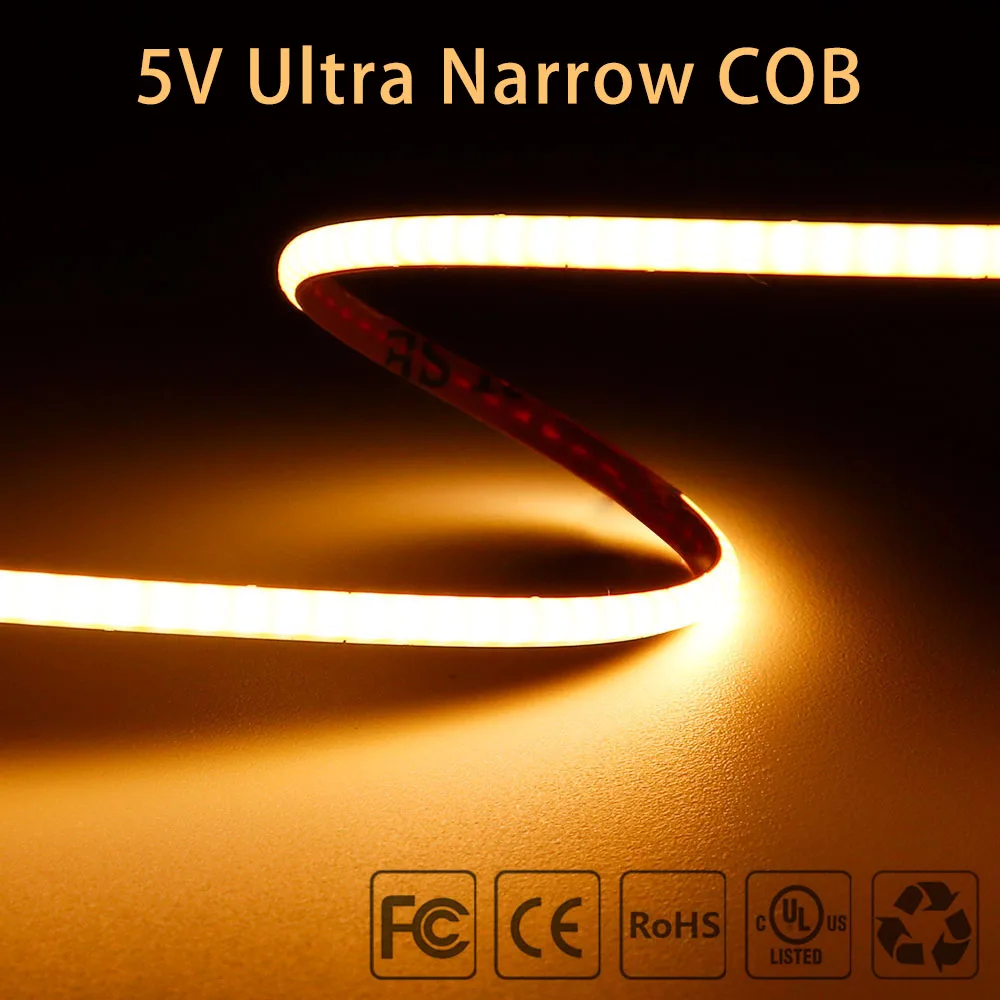 Ultra Narrow Linear Dimmable 5V COB LED Strip Lights 3mm 5mm 400LEDs/M Flexible LED Tape Ribbon For Room Decor 3000K 4000K 6000K