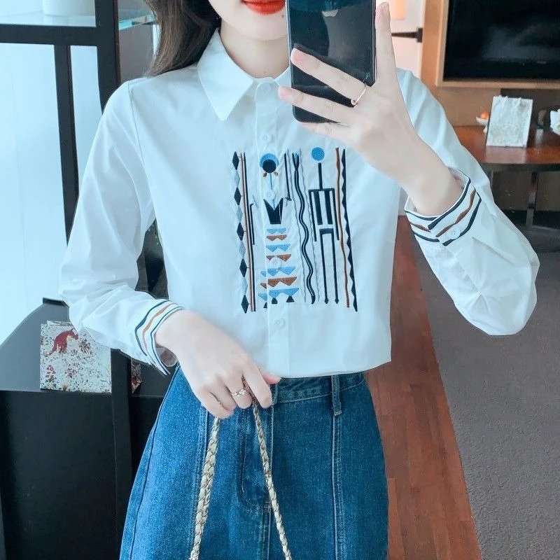 

2026 Spring Autumn Women's Long Sleeve Shirt White Embroidered Cotton Blouse Elegant Casual Top for Daily Style