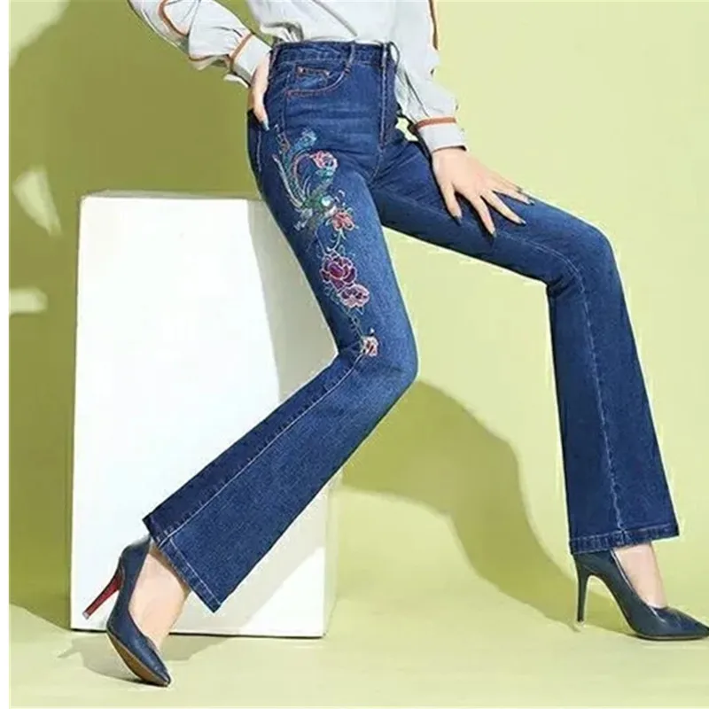 High waisted Denim flared Trousers Women\'s 2024 Spring/Summer New Slim Embroidery Jeans Female Elastic Casual Long Pants