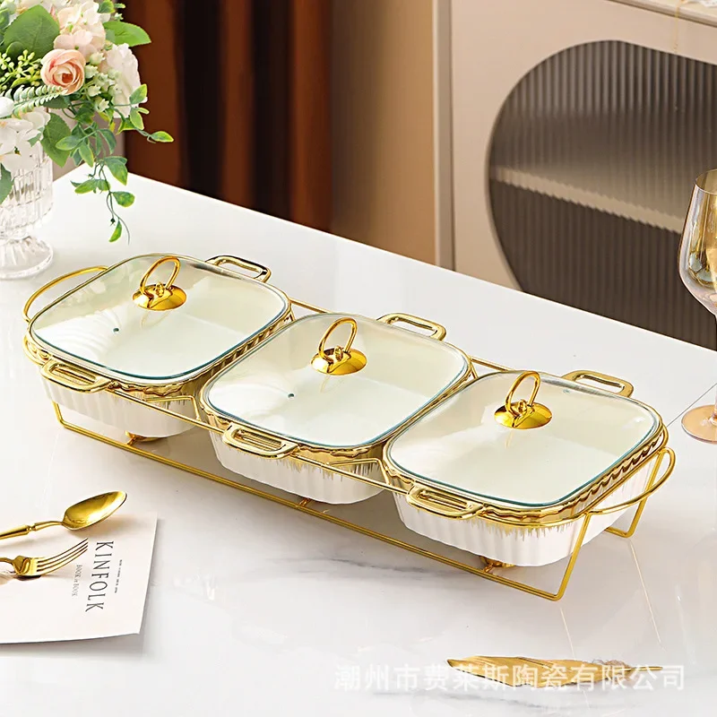 Luxurious ears golden electroplating baking tray three restaurant candle heating insulation soup pot with cover.