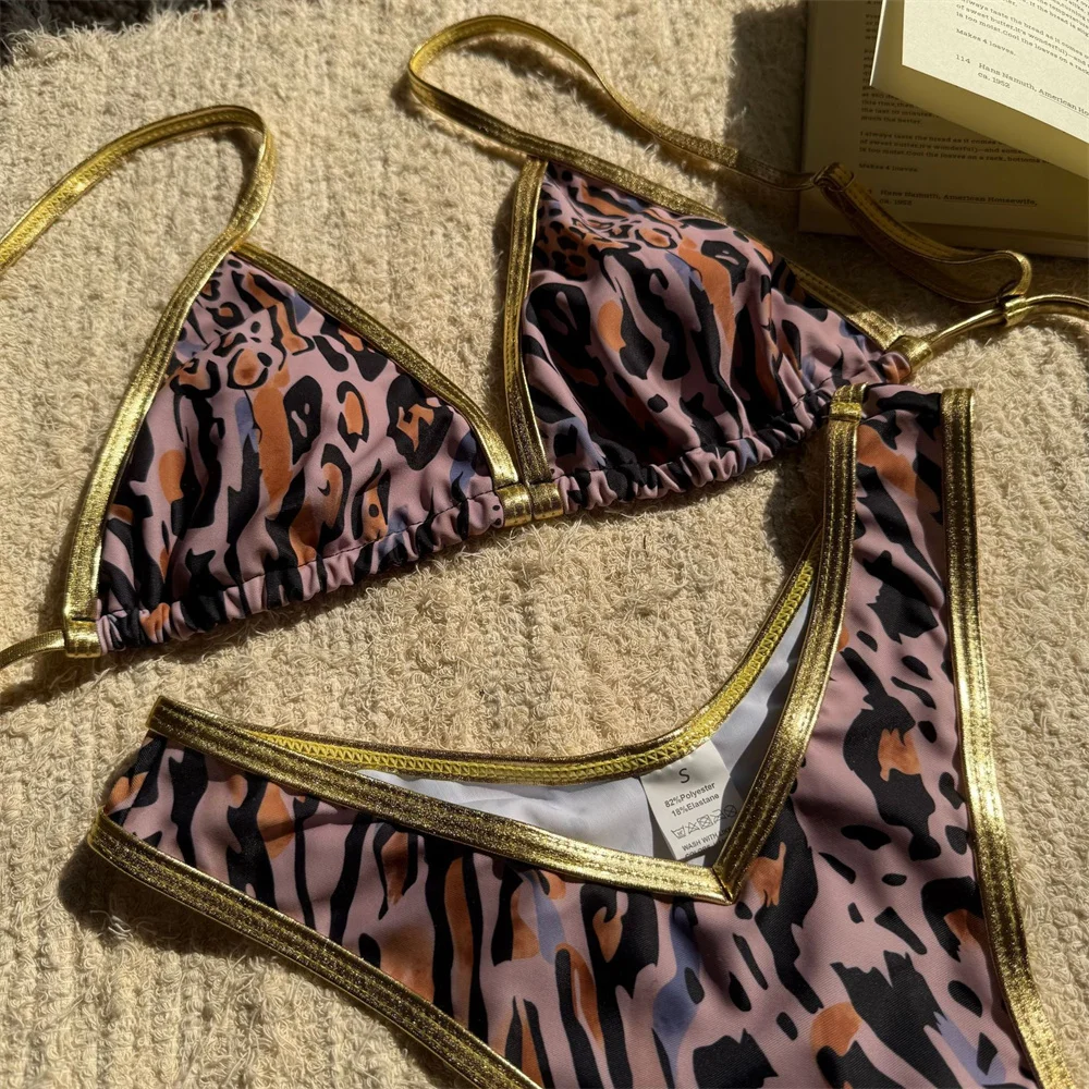 الذهب سلسلة بيكيني ليوبارد ملابس السباحة عارية الذراعين حبال عطلة ملابس النساء الاستحمام لباس سباحة الشاطئ القوطية الزي البيكينيات مجموعة