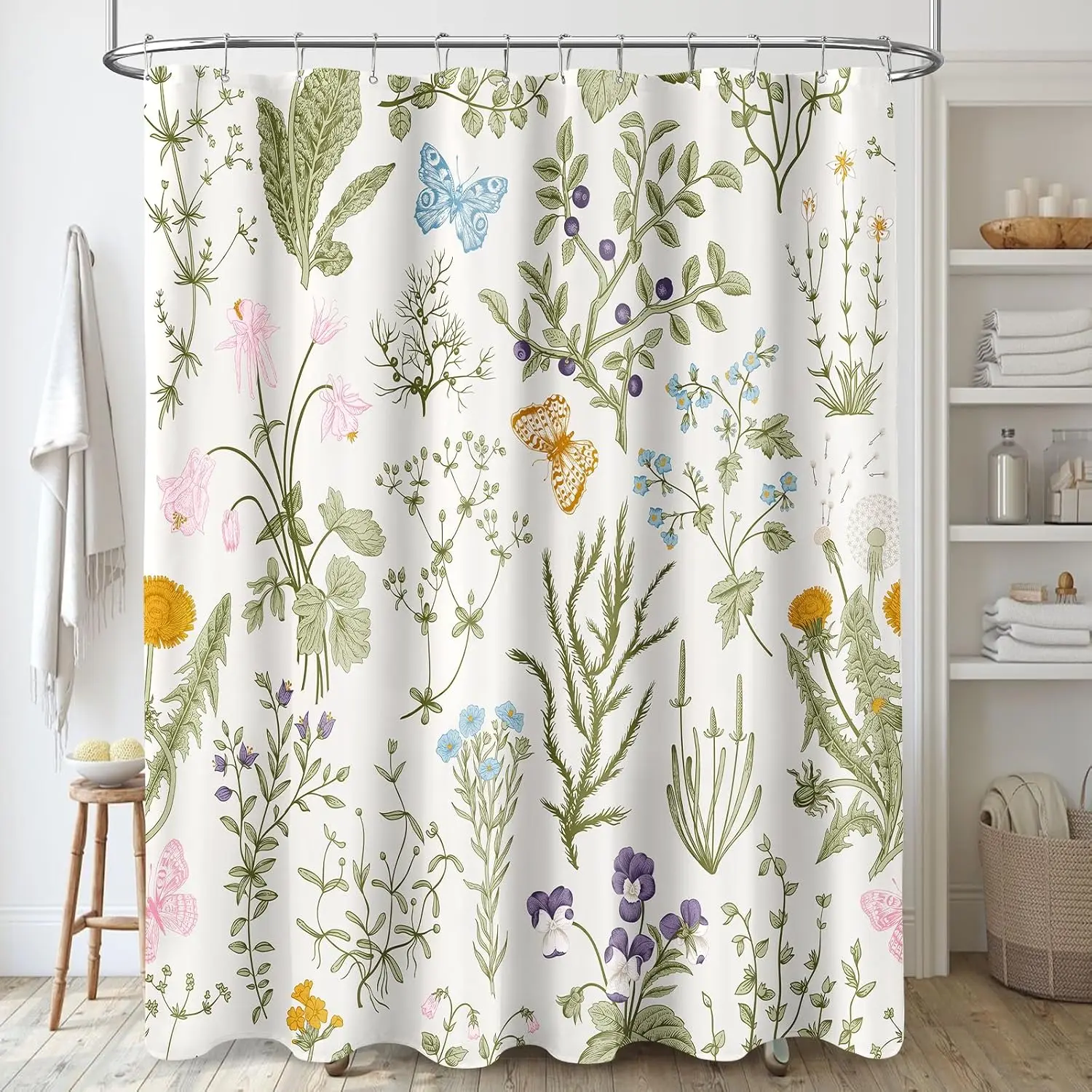 

Ex a Long Shower Curtain 72 x 84 Inch, Tall Vintage Botanical Fabric Shower Curtain, Sage Green Beige Cute Boho Floral