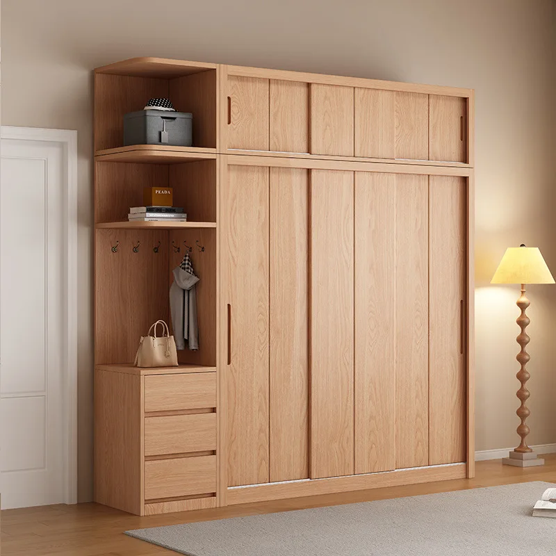 All solid wood pine sliding door wardrobe log children's clothing cabinet simple wardrobe