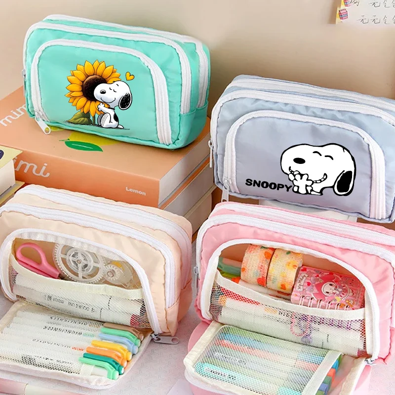 

Snoopy Kawaii Pencil Case 3 Layers Pen Bag Large Capacity Korean Organizer Pouch for Student Back To School Supplies Stationery