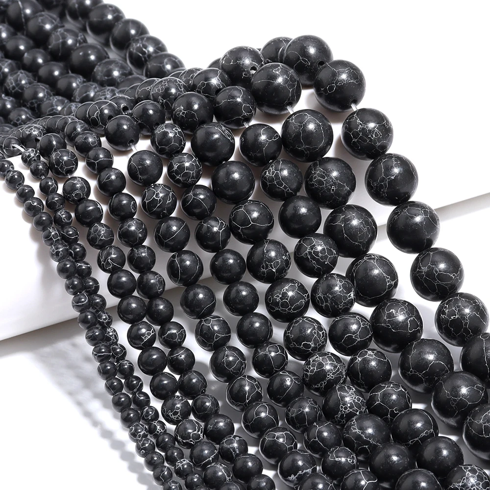 1 Strand 4/6/8/10/12mm Bulk Black Line Pine Loose Spacer Beads Natural Stone for DIY Jewelry Making Necklaces Gift  Accessories