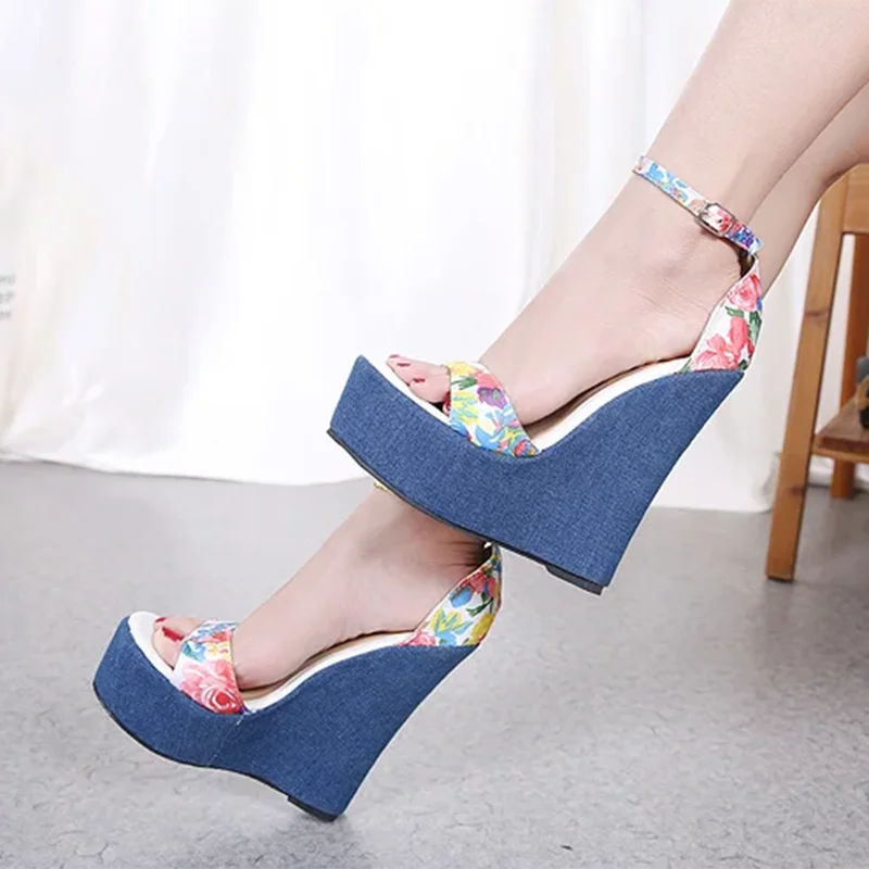 Aneikeh موضة مثير عالية الكعب مشبك حزام الأزرق طباعة الدنيم منصة أسافين النساء الصنادل أحذية نسائية Zapatos Mujer #1