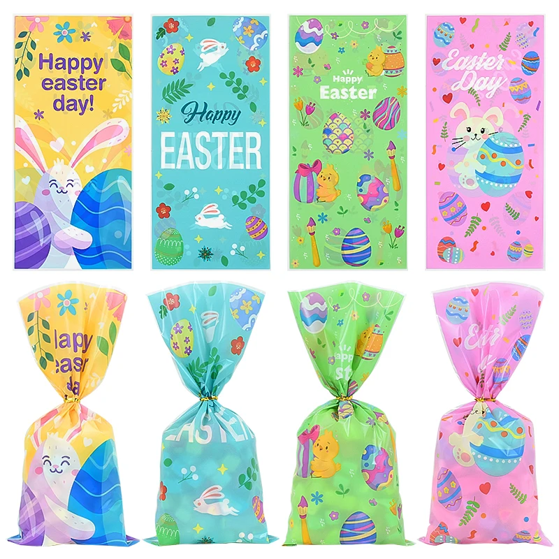 

50pcs Easter Plastic Candy Gift Bag Rabbit Egg Cookie Biscuits Snack Bags for Home Happy Easter Party Decor DIY Packing Supplies