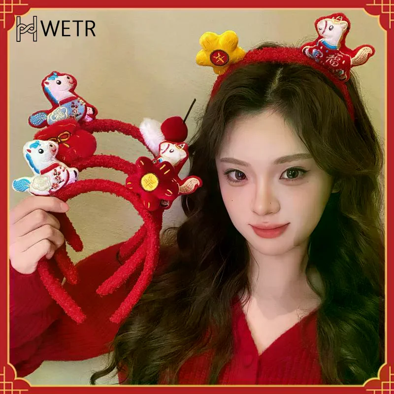 

Creative Cartoon Horse Hair Hoop Mascot Red Pony Hair Tie 2026 New Year Headband Headwear New Year Headpiece Photo Prop