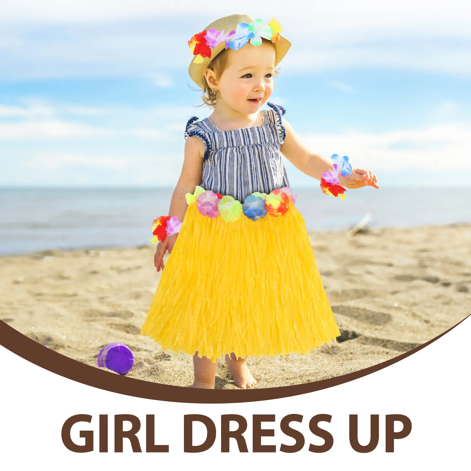Hawaiian Hula Skirt Set Yellow Simulation Flower Headdress Bracelets Hanging Garland Luau Party Accessories Kids Grass Skirt - view 5