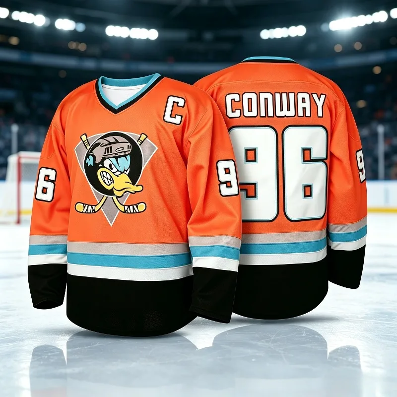 Hotsale 3D Print Conway 96 Inspired Duck Mascot Hockey Jersey Unisex Orange Black V‑Neck Long Sleeve Movie Fan Sports Casual Top