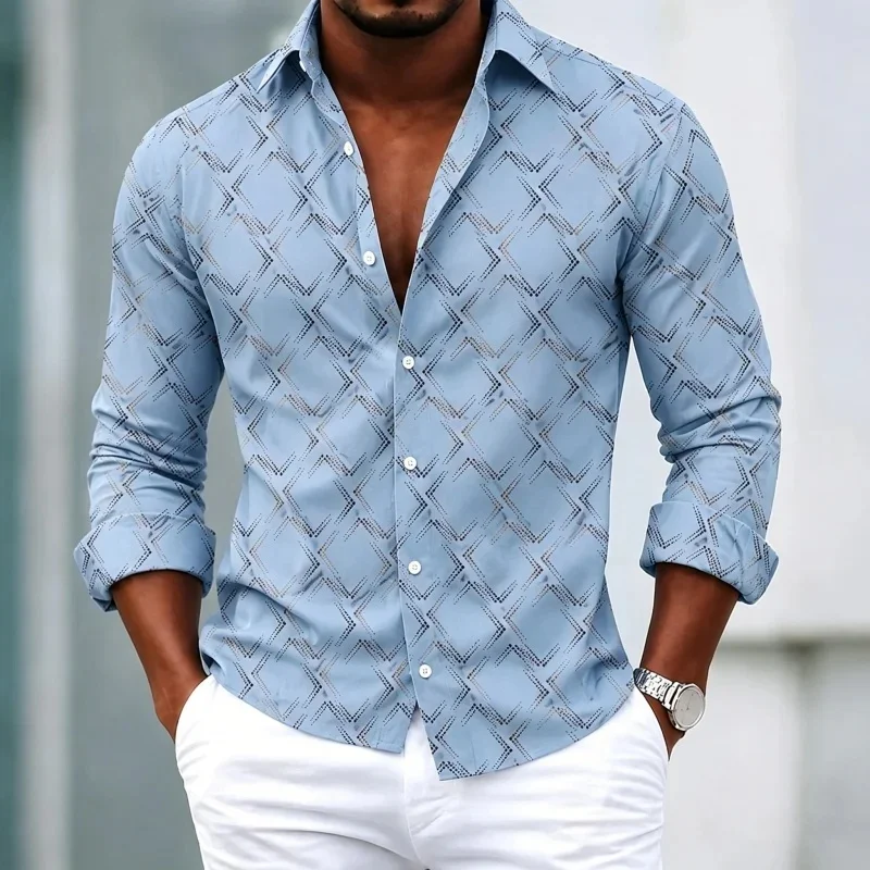Men's Shirt with Geometric Diamond Grid Printed Long-Sleeved Shirt for Spring Business and Leisure, Loose Collared Men's Shirt