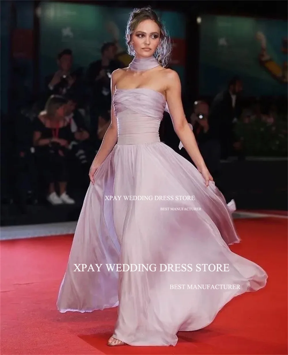 XPAY Strapless Silk Chiffon  A-Line Prom Dress Dubai Arabia Elegant Pleat Evening Gown Sleeveless Formal Special Occasion Dress