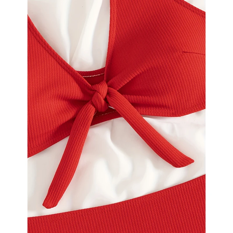 Costume da bagno rosso a vita alta Costume da bagno donna Abiti a due pezzi Costumi da bagno Costume da bagno annodato femminile Abbigliamento da spiaggia Costume da bagno per le vacanze 2025