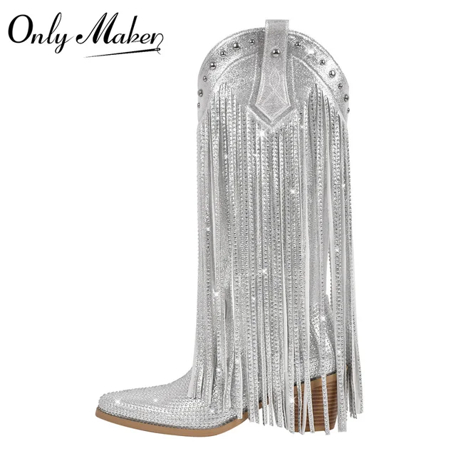Onlymaker damskie srebrne Rhinestone Fringe kolana wysokie buty zachodnie duże rozmiary blokowy obcas wyciągane buty kowbojskie