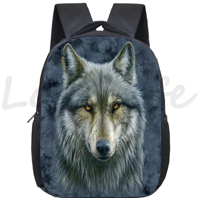 12 Inch Wolf Print School Backpack Kids Kindergarten Bags Girls Boys Bookbag Howling Wolf School Bags Waterproof Toddler Daypack