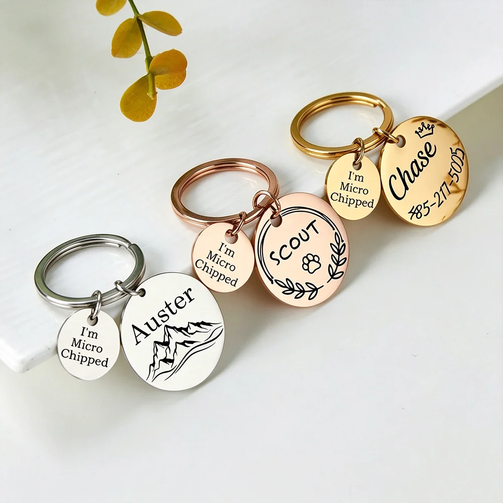 Custom Round Pet ID Tag Keychain Stainless Steel Mountain Flower Paw Pattern Engraved Keyring Wholesale