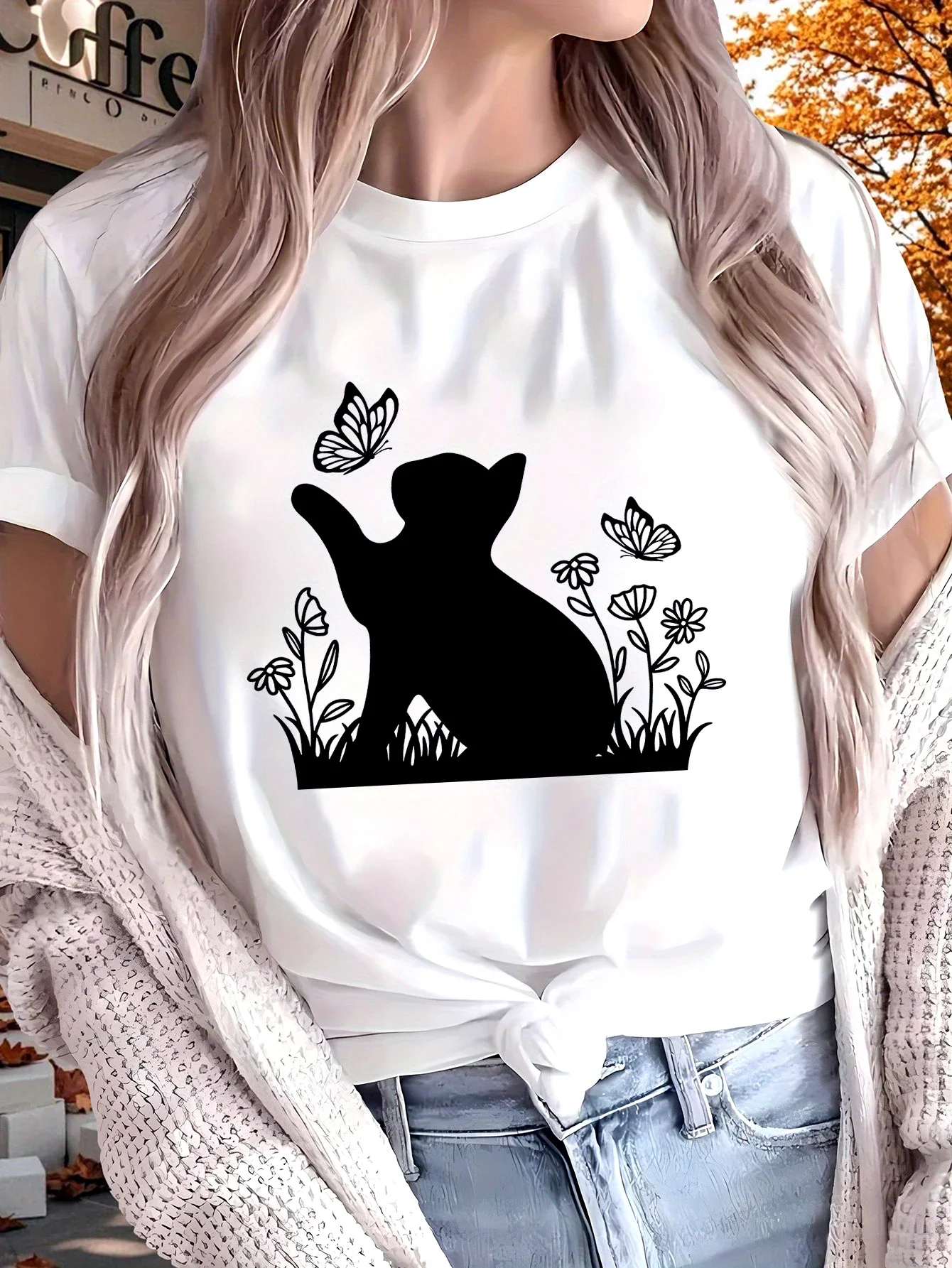 O-neck Butterfly and Cat Flower Pattern Creative Printing Summer Women's Top Short Sleeve Funny Casual Women's Summer Clothing