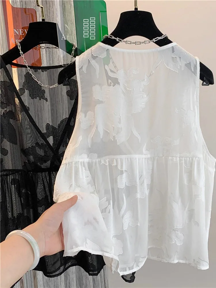 Faionable Embroidered V-Ne Ladies Vest Top Summer Outerwear Oversize Svel Cover up Cotton Polyester Blend