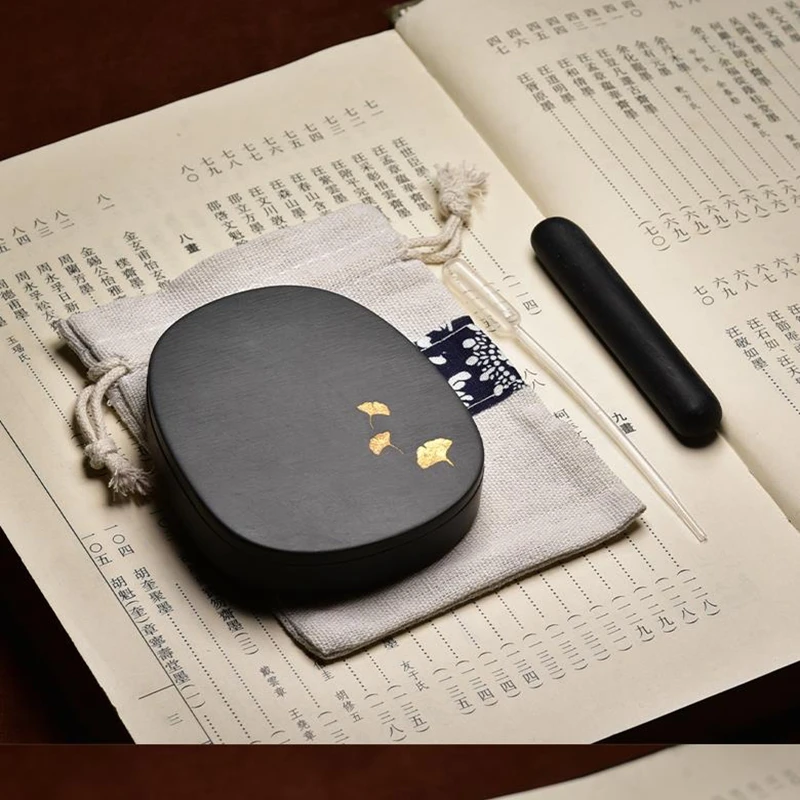 1pc Portable Natural She Ink Stone Inkstone With Cover Chinese Water Brush Calligraphy Painting Tool