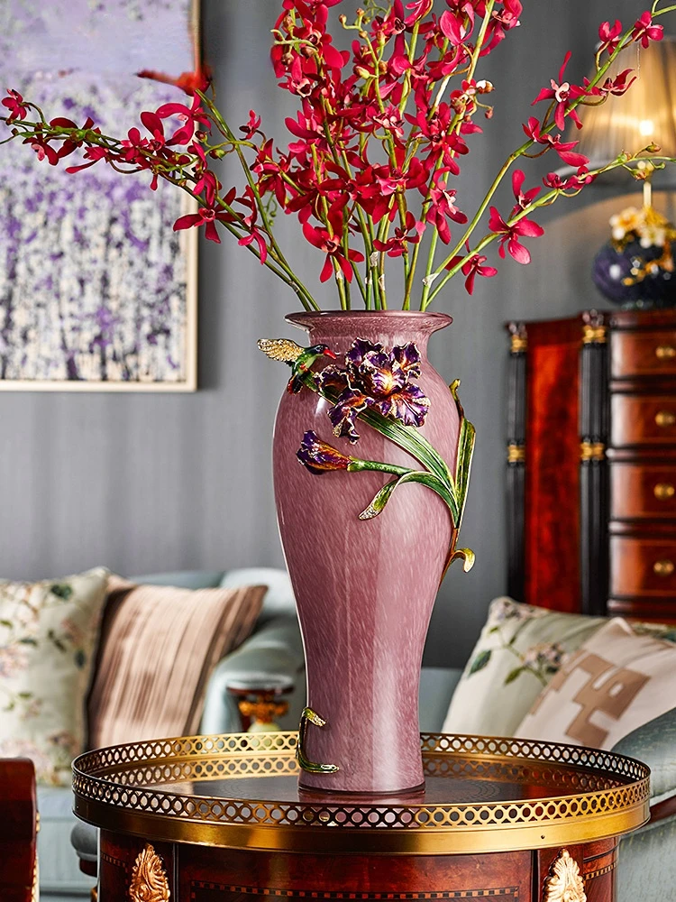 Creative Pink Glass Flower Vase Enamel Art Home TV Cabinet Entrance Decoration for Living Room Foyer Luxury New Chinese Style