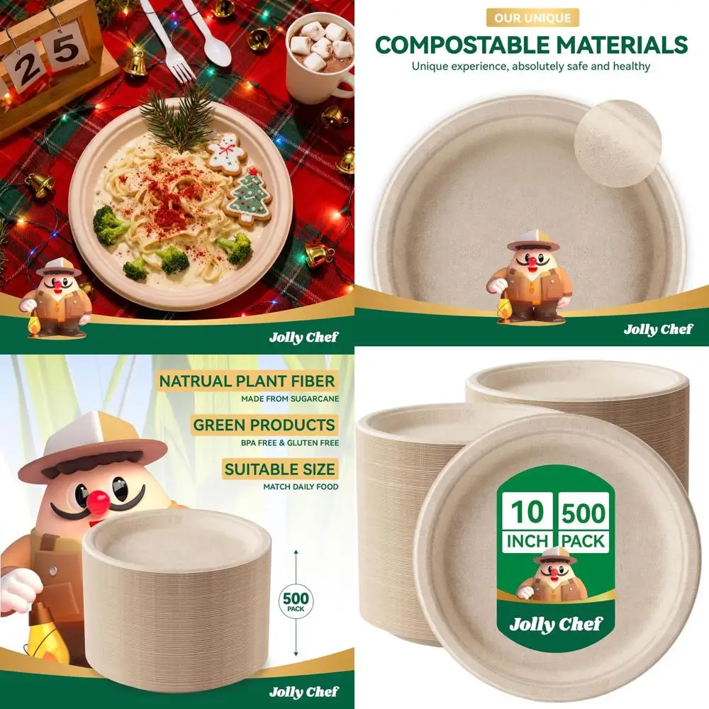 

Eco-Friendly Disposable Paper Plates, 10 Inch, 500 Pack, Biodegradable Bagasse Plates for Parties, Dinners, and Celebrations (Na