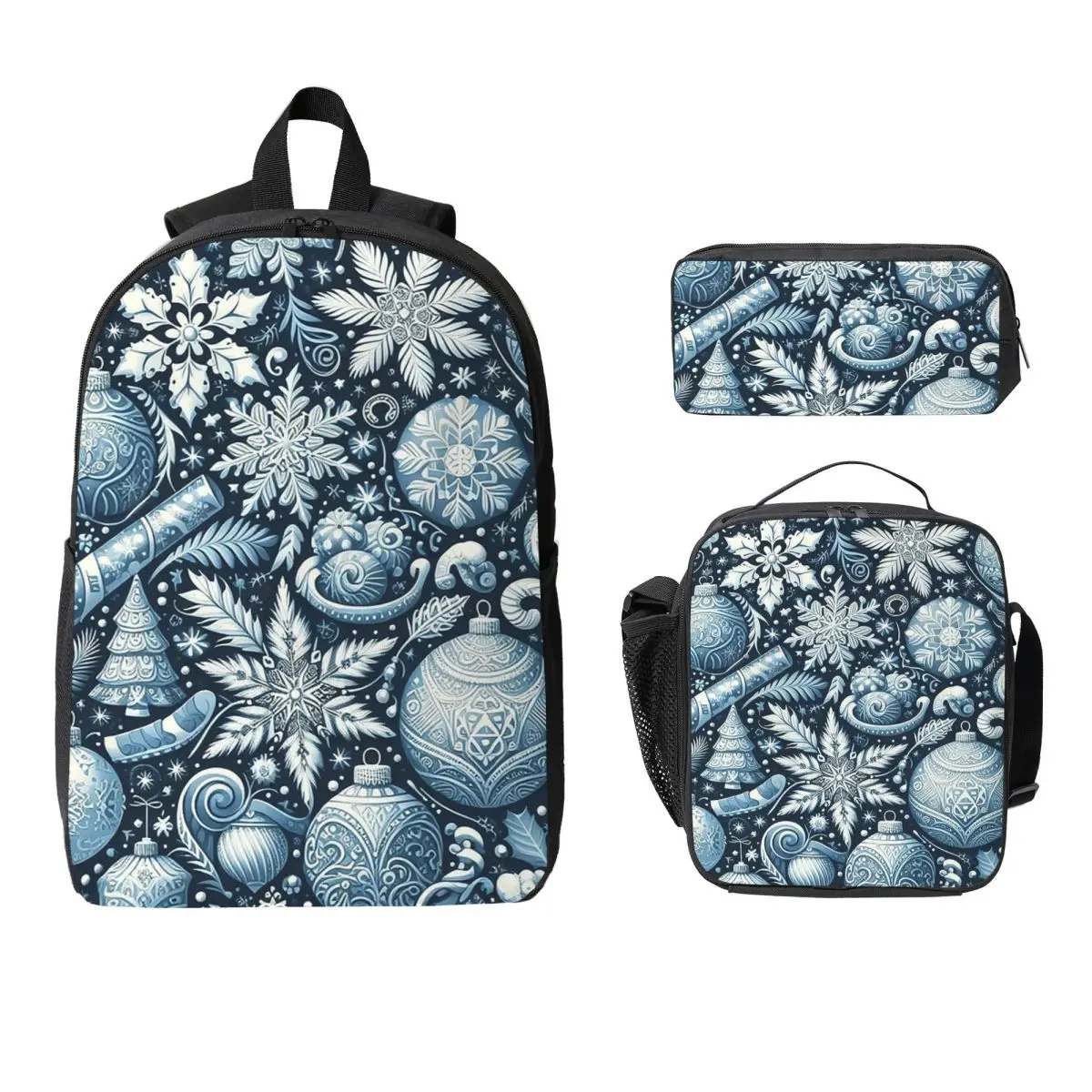 Christmas.blue And White Backpack Student BookBag School Bag Laptop Shoulder Bags 3ps Insulated Lunch Bag Pencil Case
