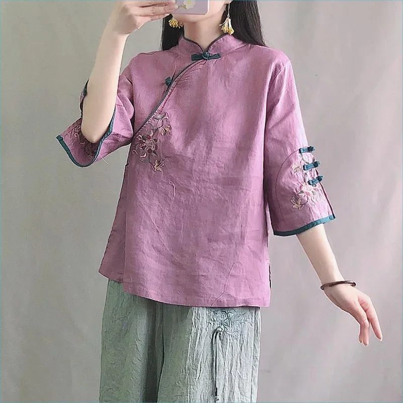 Multicolor Seven Quarter Ladies\' Cotton Linen Shirt Blouse Chinese Traditional Women\'s Formal Top Ttang Costume Hanfu E920