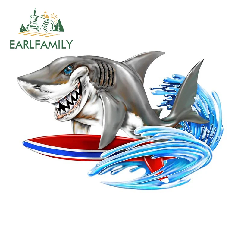 EARLFAMILY 13cm x 8.8cm Shark Surfing Car Sticker Outdoor Fishing Boat Kayak Toolbox Decal Ocean Killer Waterproof Stickers