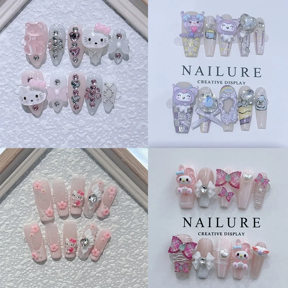 

Sanrio Kawaii Cute Hello Kitty Kuromi Y2K Handwork Press-on Nails Sweet Pink Schoolgirl Accessory Fake Nails Festivals Gift