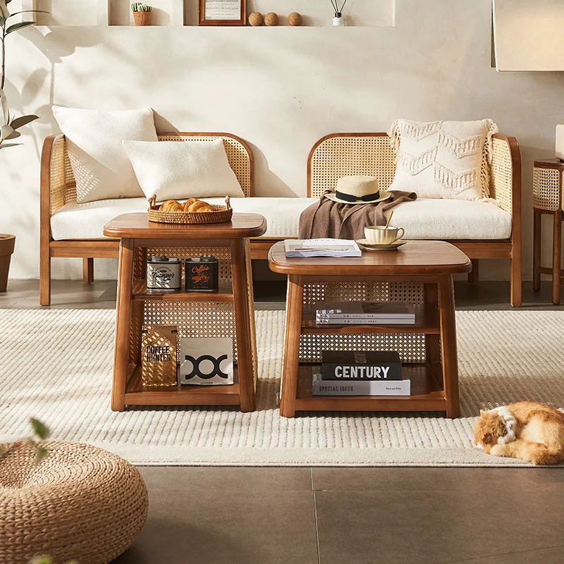 Square coffee table size high and low combination wabi-sabi wind retro solid wood rattan square edge table small low table
